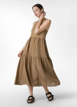 New Abito A Balze Cotone E Lino Marrone Donna Vestiti, Gonne E Tute