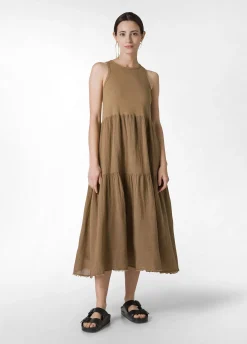 New Abito A Balze Cotone E Lino Marrone Donna Vestiti, Gonne E Tute