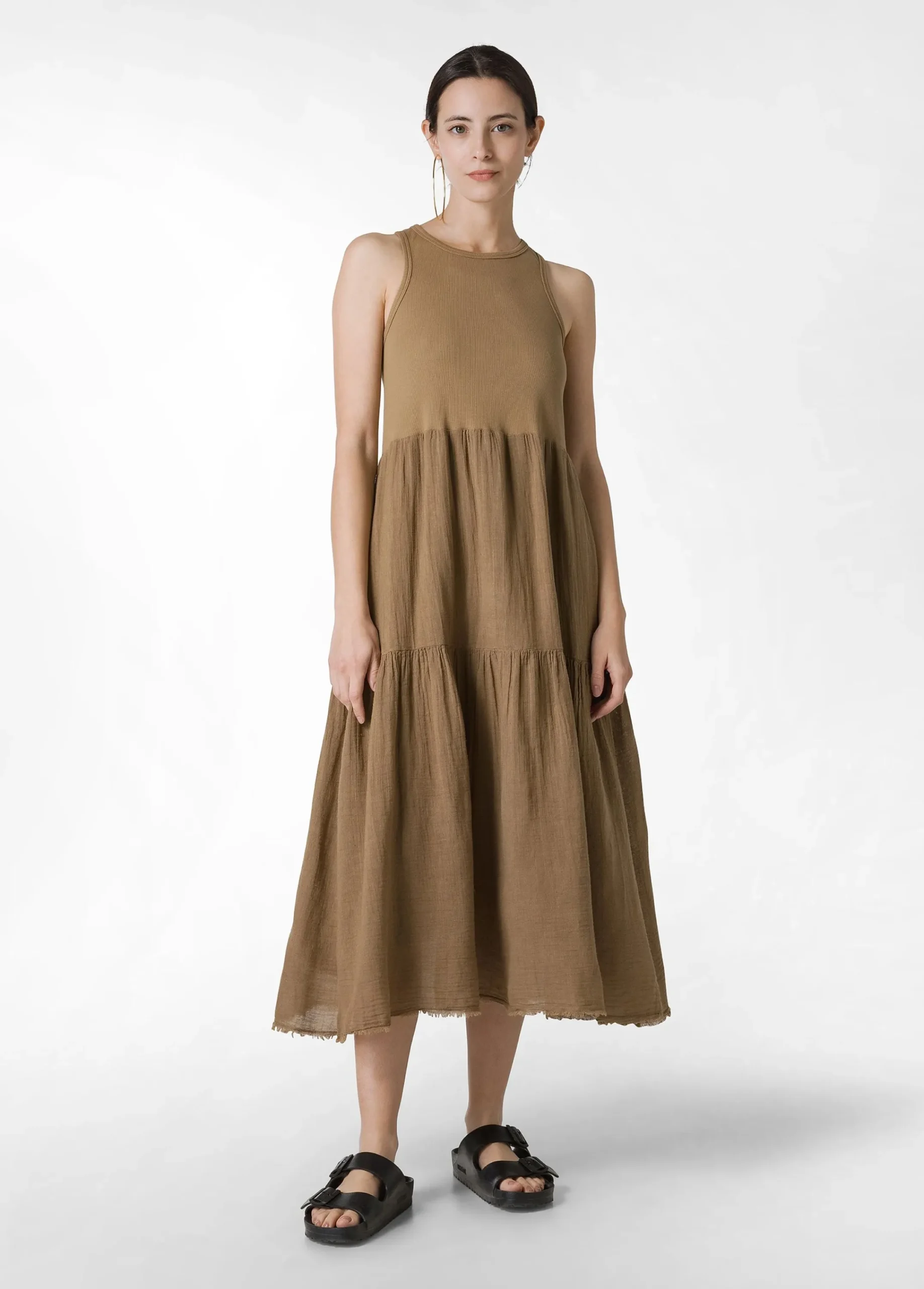 New Abito A Balze Cotone E Lino Marrone Donna Vestiti, Gonne E Tute