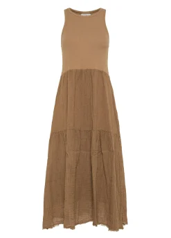 New Abito A Balze Cotone E Lino Marrone Donna Vestiti, Gonne E Tute