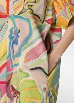 Fashion Abito In Popeline Stampa Flower Power Verde Donna Vestiti, Gonne E Tute