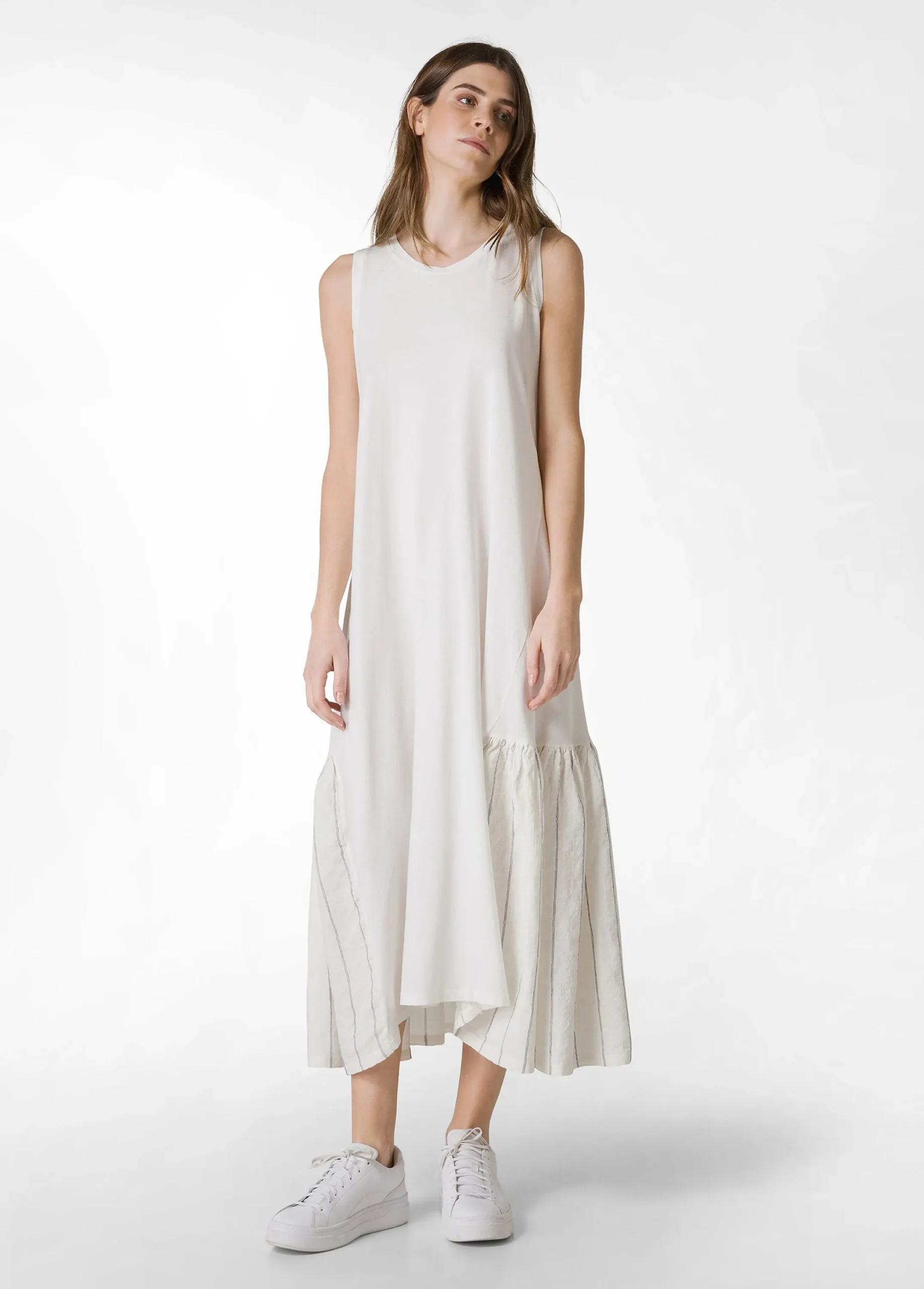 Discount Abito Lungo Con Dettagli In Lino Gessato Bianco Donna Vestiti, Gonne E Tute