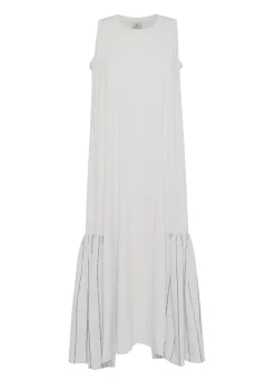 Discount Abito Lungo Con Dettagli In Lino Gessato Bianco Donna Vestiti, Gonne E Tute