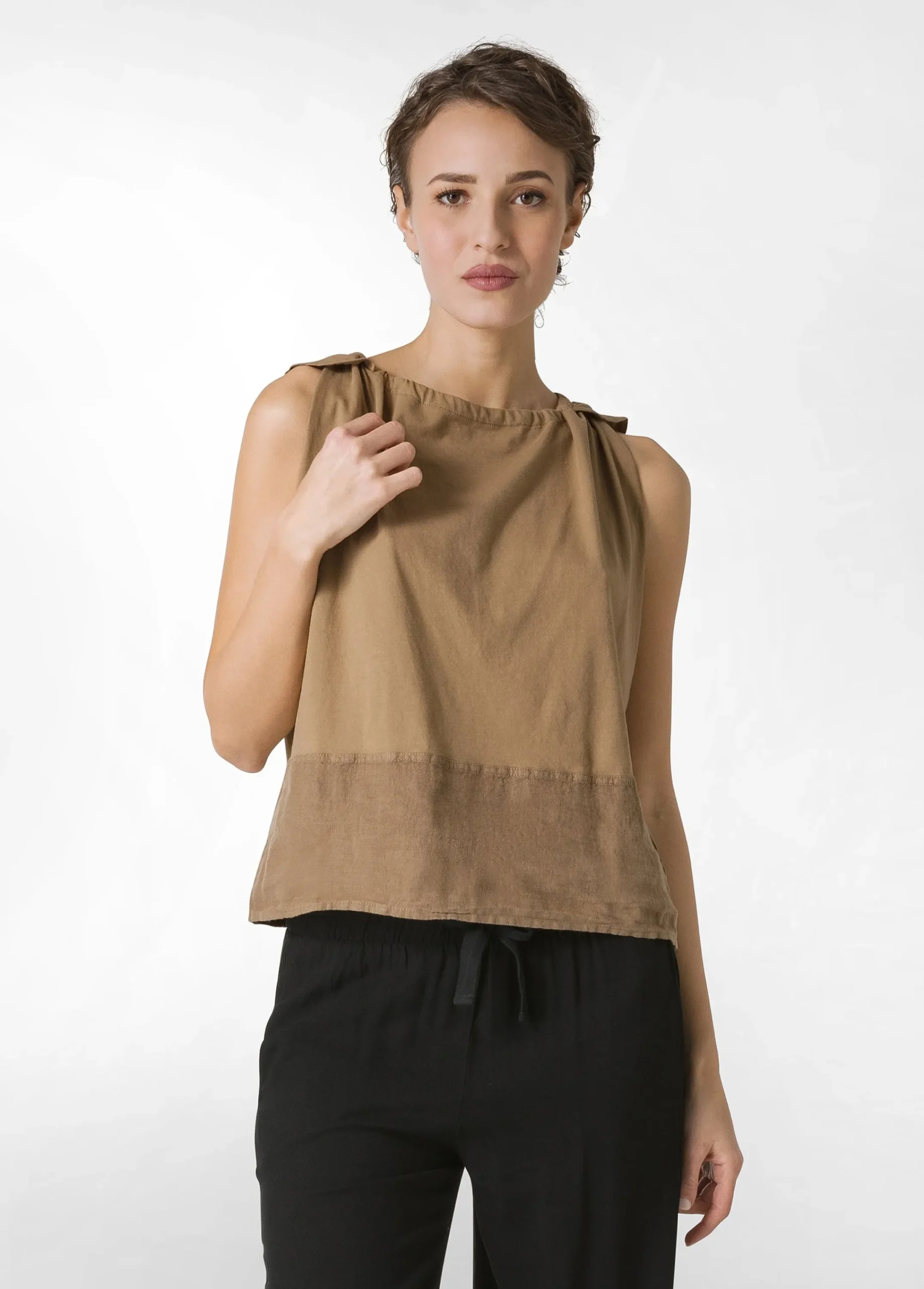 Flash Sale Blusa Con Inserto In Lino Marrone Donna Top & T-Shirts