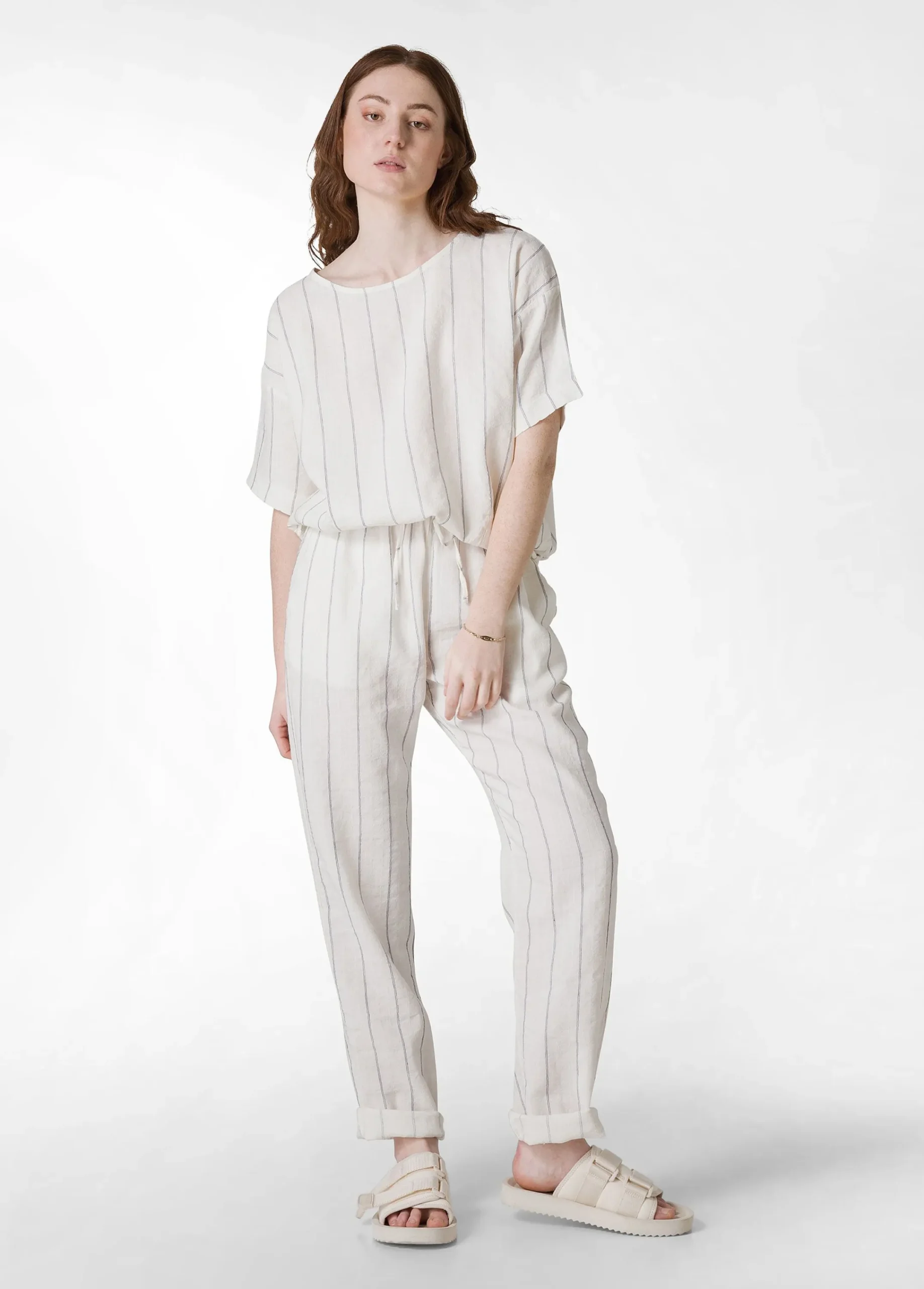 Clearance Blusa In Lino Gessato Bianco Donna Camicie & Bluse