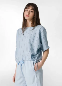 Outlet Blusa In Lino Gessato Blu Donna Camicie & Bluse