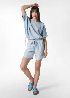 Outlet Blusa In Lino Gessato Blu Donna Camicie & Bluse