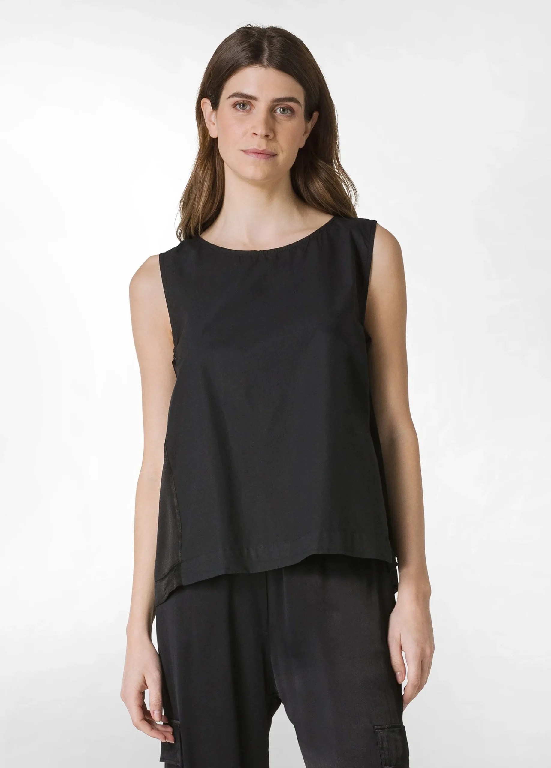 Outlet Blusa Smanicata In Popeline E Raso Nero Donna Camicie & Bluse