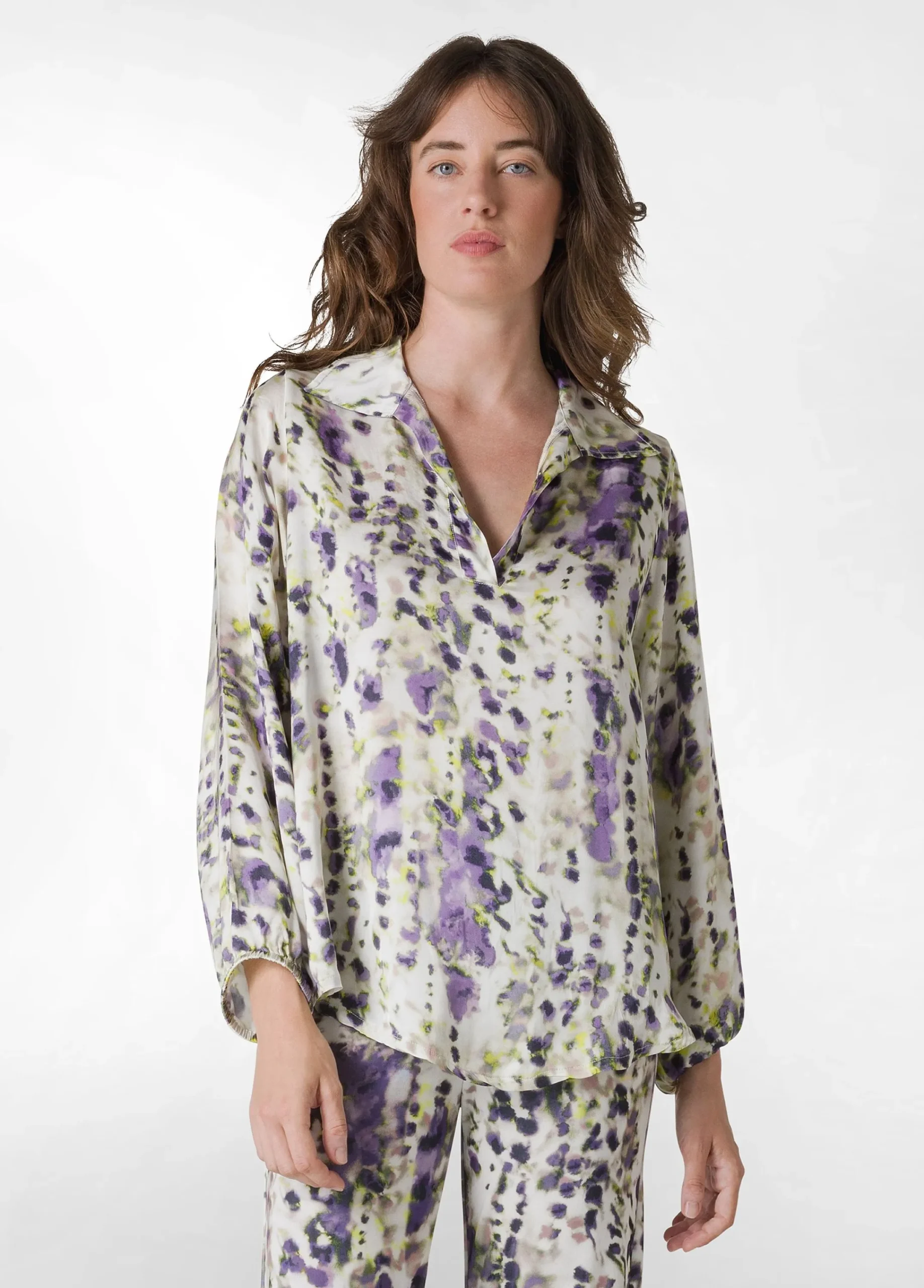 Hot Camicia In Raso Stampato Viola Donna Camicie & Bluse
