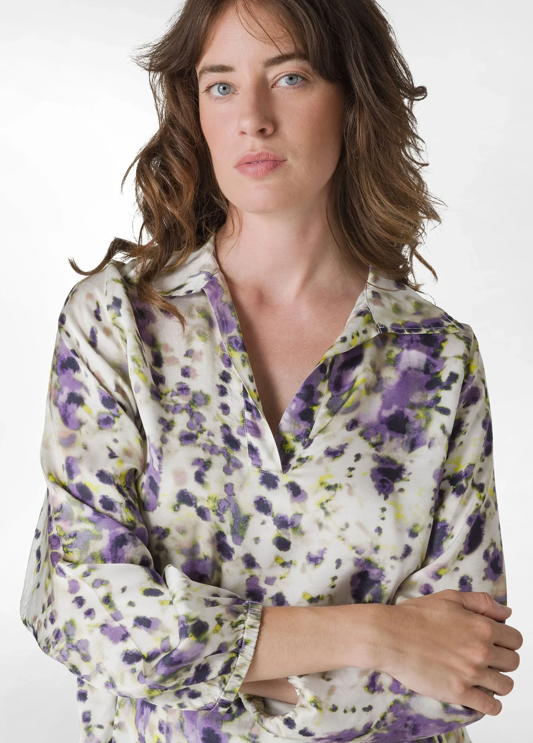 Hot Camicia In Raso Stampato Viola Donna Camicie & Bluse