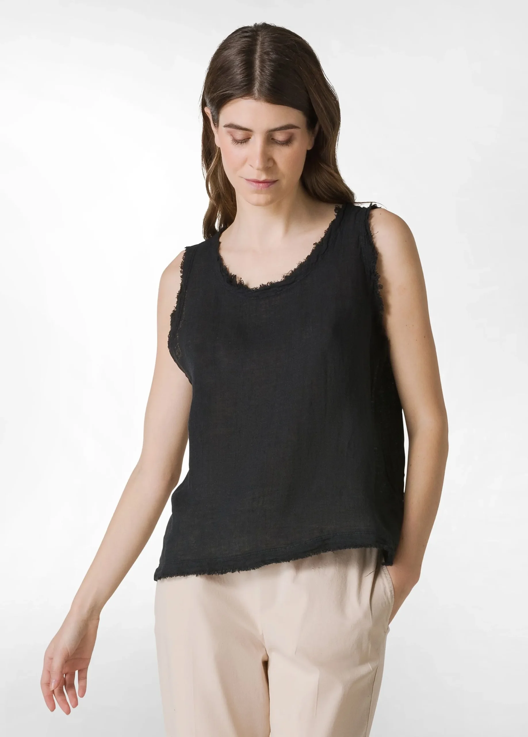 Cheap Canotta Sfrangiata In Lino Nero Donna Top & T-Shirts