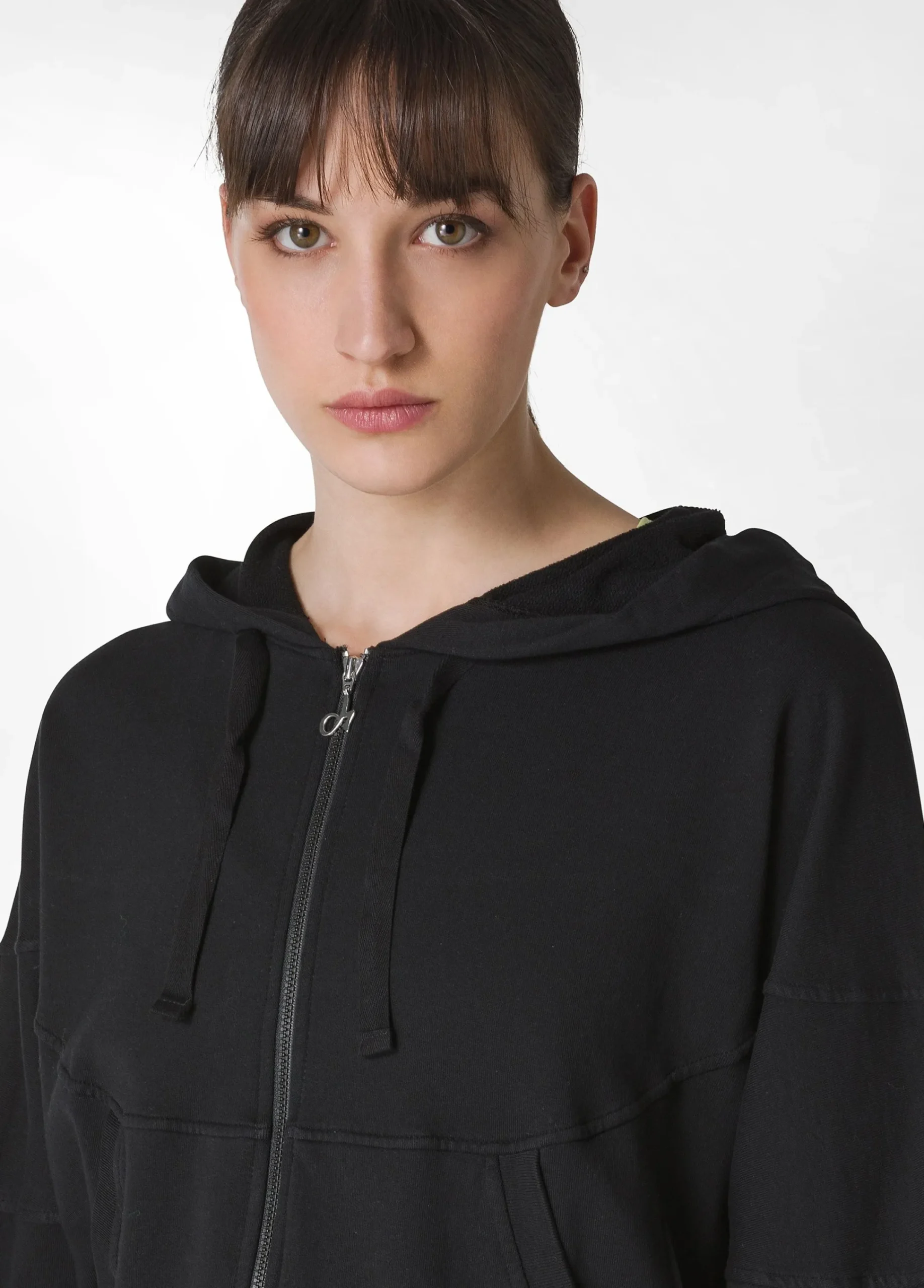 Outlet Felpa Organica Ampia Zip E Cappuccio Nero Donna Felpe & Maglieria