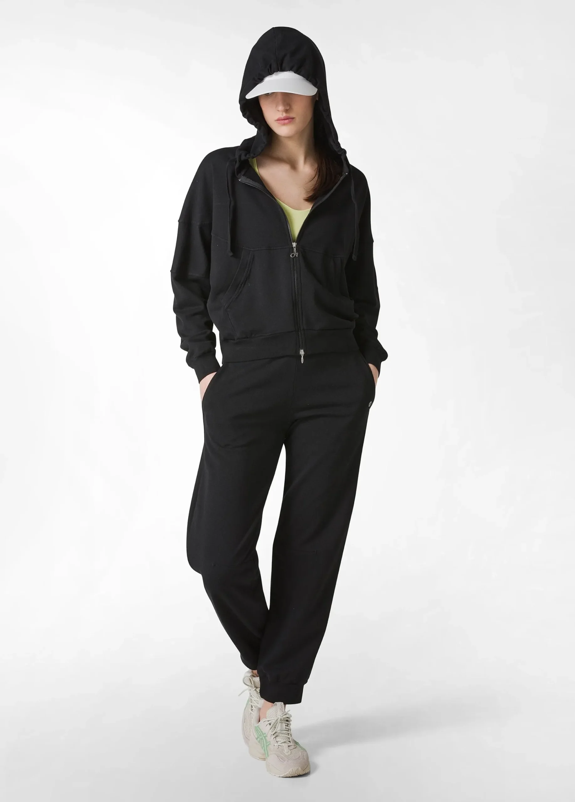 Outlet Felpa Organica Ampia Zip E Cappuccio Nero Donna Felpe & Maglieria