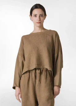 New Girocollo In Lino Con Maniche In Felpa Marrone Donna Felpe & Maglieria