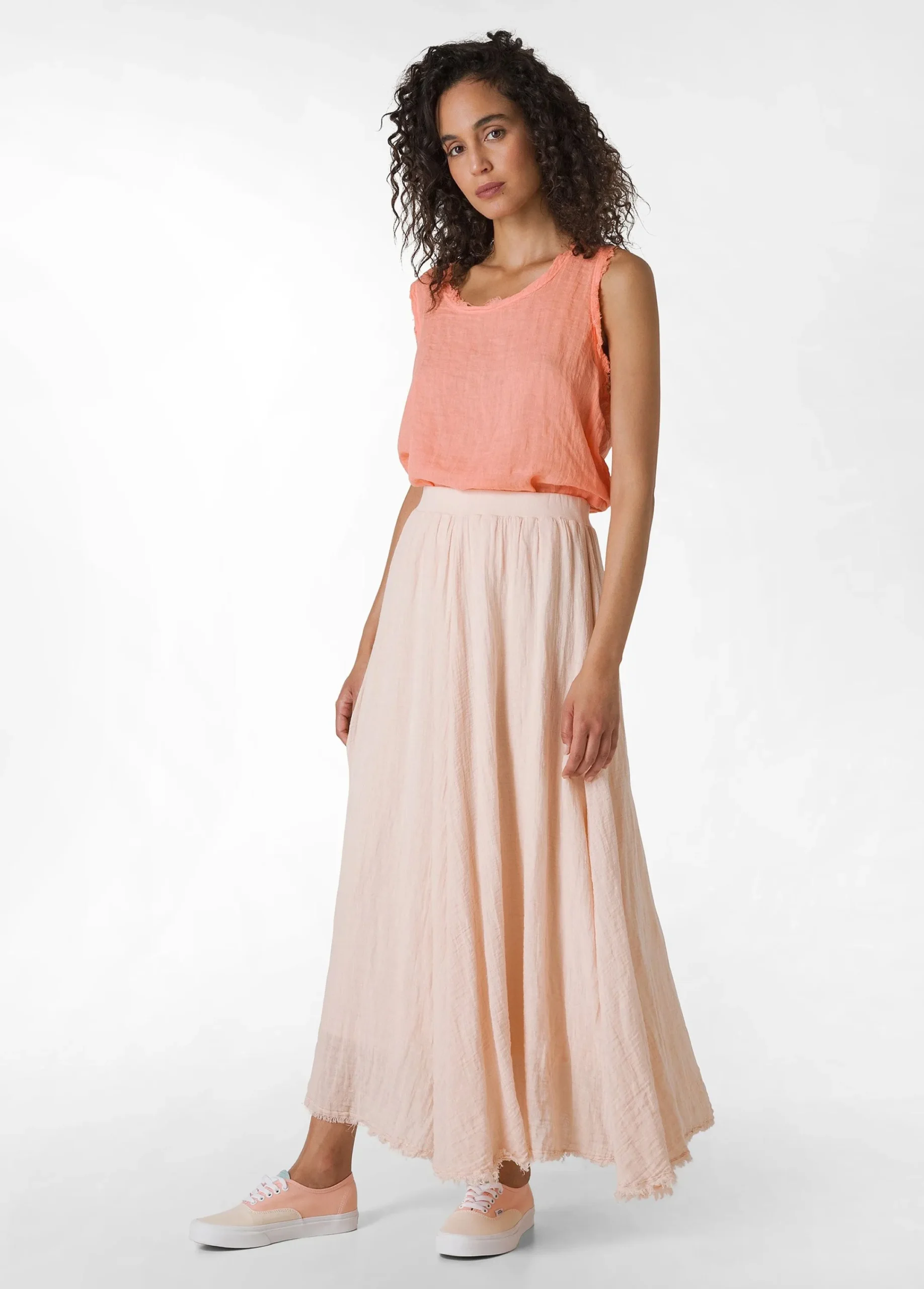 Outlet Gonna Sfrangiata In Lino Rosa Donna Vestiti, Gonne E Tute