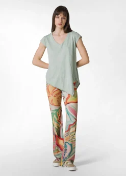 Sale Pantalone A Zampa Stampato Vita Alta Verde Donna Pantaloni