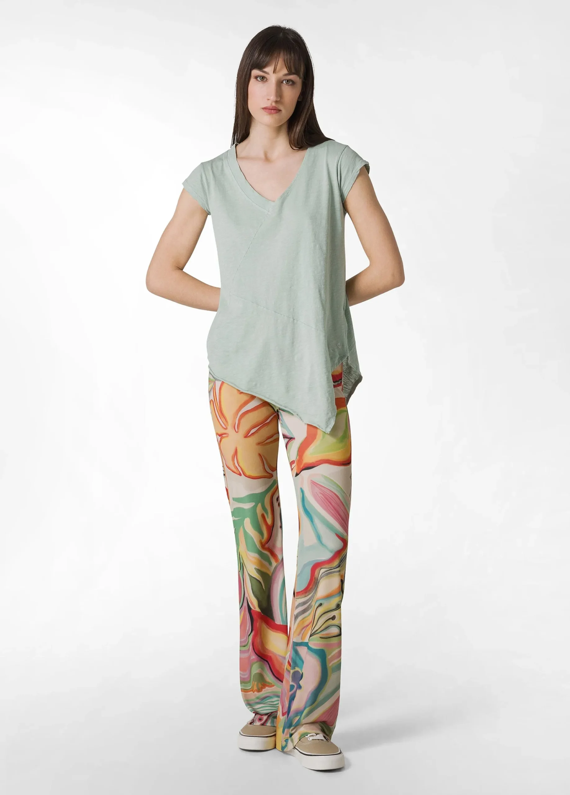 Sale Pantalone A Zampa Stampato Vita Alta Verde Donna Pantaloni