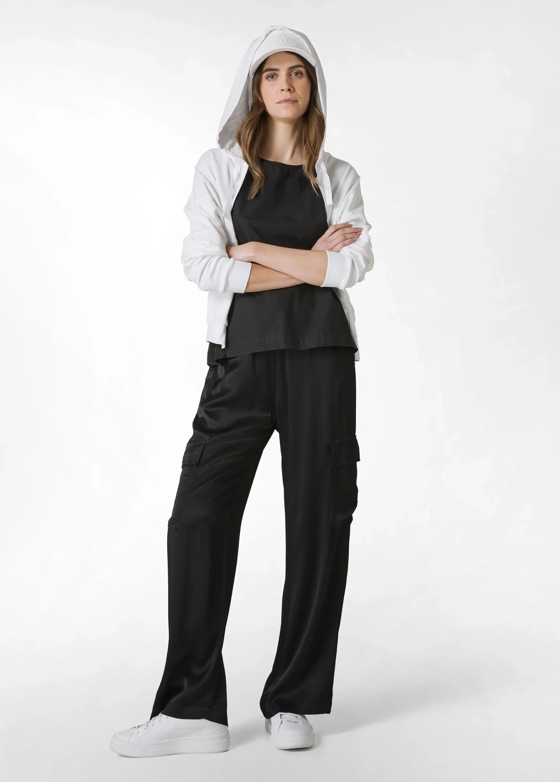 Fashion Pantalone Cargo In Raso Nero Donna Pantaloni