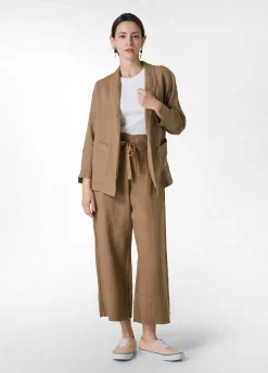 Online Pantalone Cropped Vita Alta In Lino Marrone Donna Pantaloni