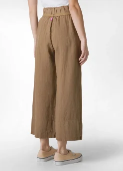 Online Pantalone Cropped Vita Alta In Lino Marrone Donna Pantaloni