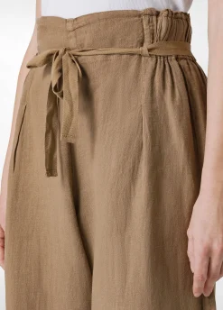 Online Pantalone Cropped Vita Alta In Lino Marrone Donna Pantaloni