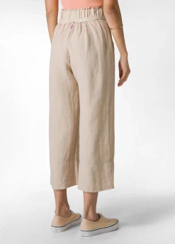 Outlet Pantalone Cropped Vita Alta In Lino Beige Donna Pantaloni