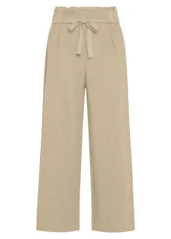 Outlet Pantalone Cropped Vita Alta In Lino Beige Donna Pantaloni