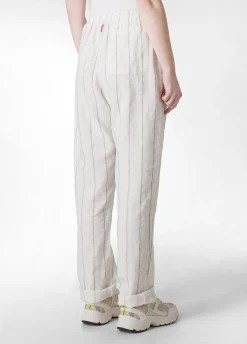 Best Sale Pantalone In Lino Gessato Bianco Donna Pantaloni