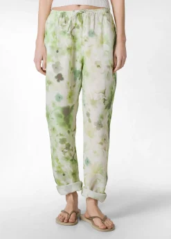 Sale Pantalone In Lino Stampato Verde Donna Pantaloni