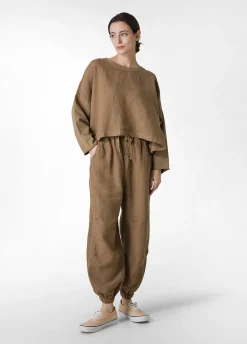 Clearance Pantalone Jogger In Lino Marrone Donna Pantaloni