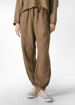 Clearance Pantalone Jogger In Lino Marrone Donna Pantaloni