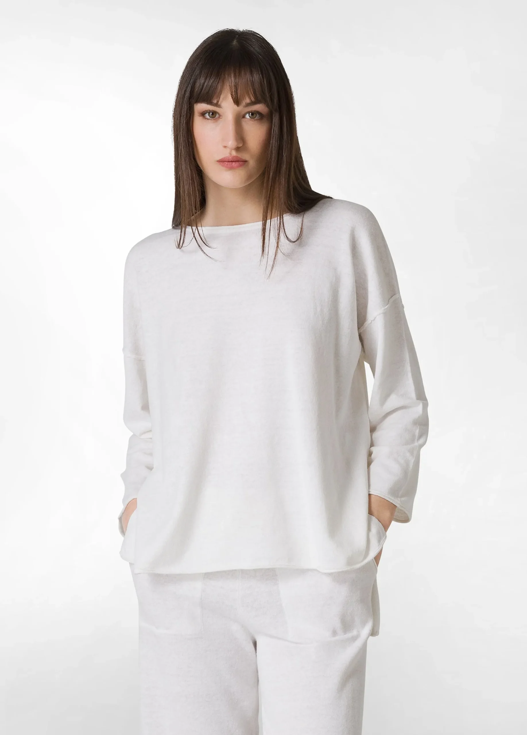 Hot Pullover Ampio In Lino Bianco Donna Felpe & Maglieria
