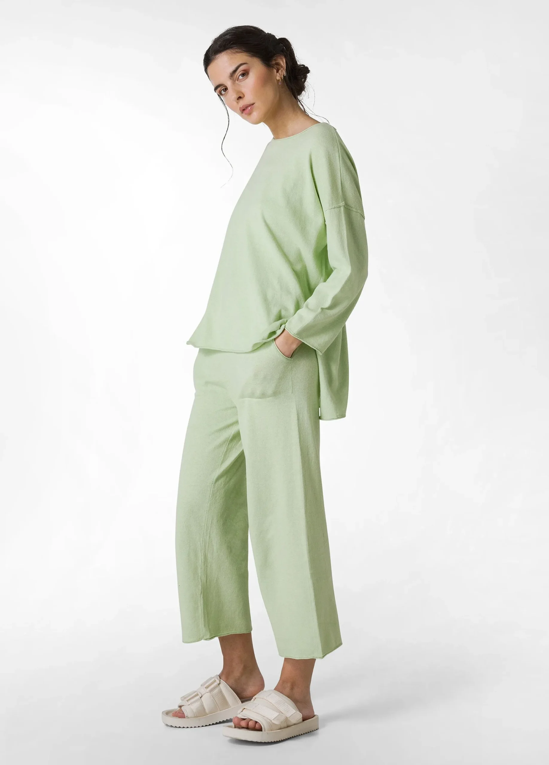 Cheap Pullover Ampio In Lino Verde Donna Felpe & Maglieria