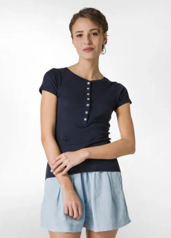 New T-Shirt A Costine Con Bottoni Blu Donna Top & T-Shirts