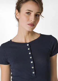 New T-Shirt A Costine Con Bottoni Blu Donna Top & T-Shirts