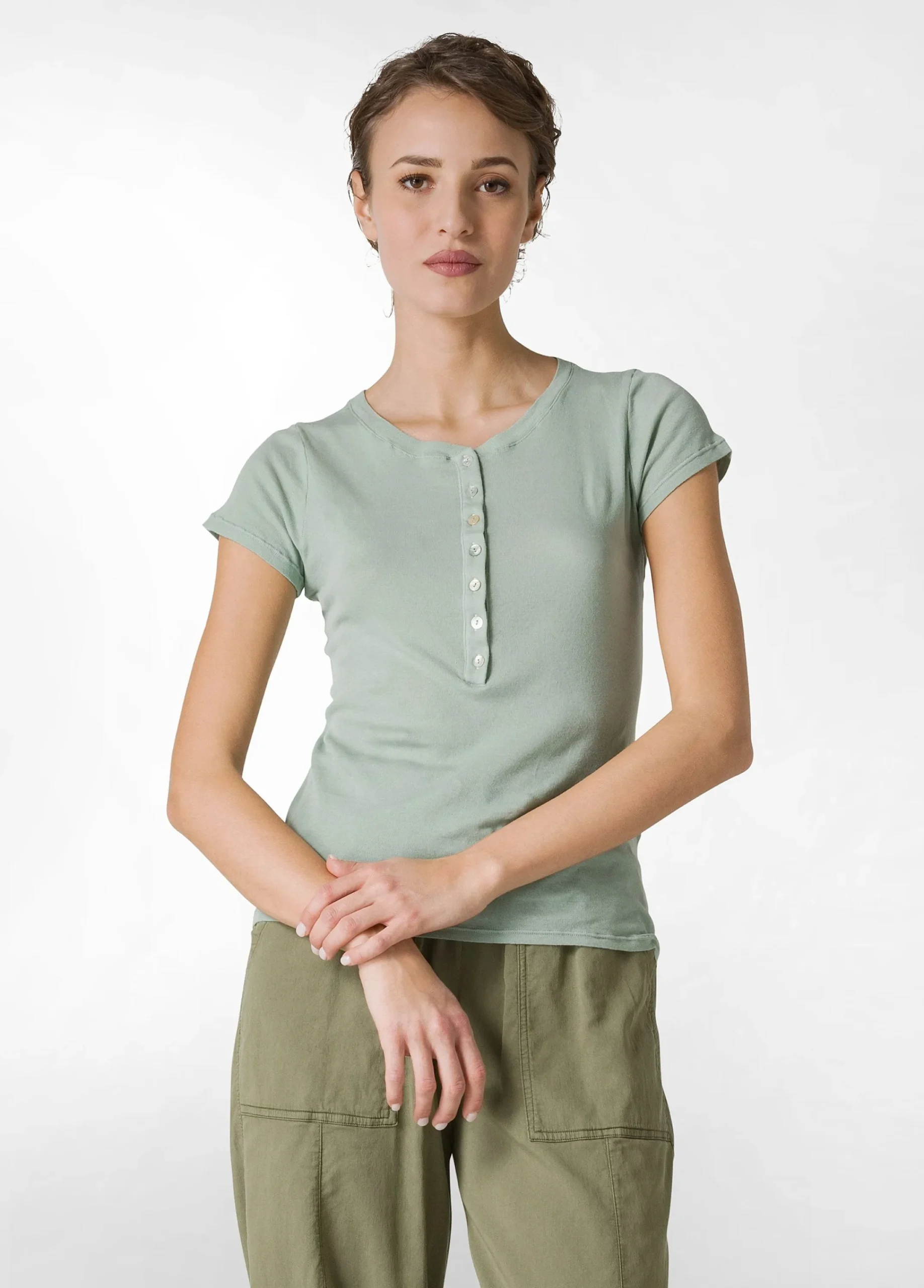 Sale T-Shirt A Costine Con Bottoni Verde Donna Top & T-Shirts