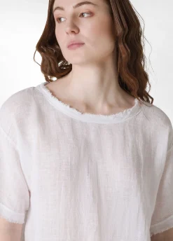 Flash Sale T-Shirt Sfrangiata In Lino Bianco Donna Top & T-Shirts