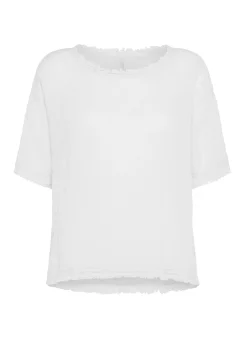 Flash Sale T-Shirt Sfrangiata In Lino Bianco Donna Top & T-Shirts