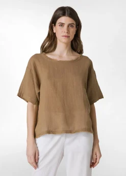 Shop T-Shirt Sfrangiata In Lino Marrone Donna Top & T-Shirts
