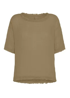 Shop T-Shirt Sfrangiata In Lino Marrone Donna Top & T-Shirts